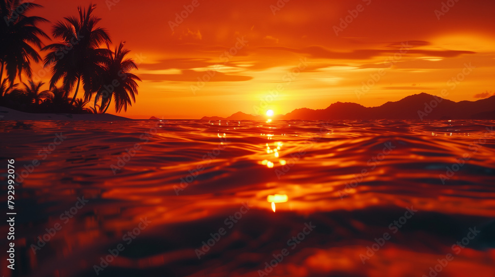  low-angle HD photo of a red-orange sunset on the horizon, glistening crystal clear ocean water, silhouette palm trees and mountains in the far distance. In the style of national geographic, award-win