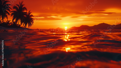  low-angle HD photo of a red-orange sunset on the horizon  glistening crystal clear ocean water  silhouette palm trees and mountains in the far distance. In the style of national geographic  award-win