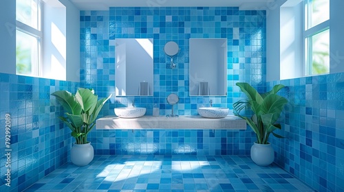 Azure Blue Bathroom A colorful depiction of a bathroom with two sinks and two mirrors, accentuated by azure blue tiles on the walls The artwork captures the modern and stylish design of the space 8K ,