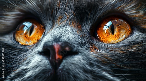 Cat CloseUp Art A stylish depiction of a Felidaes face with orange iris eyes, whiskers, and fur The cats snout and eyelashes are highlighted, creating a visually appealing image of this terrestrial an photo