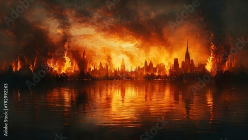 Realistic drawings depicting city fires contributing to global warming in virtual images. Concept Global Warming, City Fires, Realistic Drawings, Virtual Images, Environment Conservation