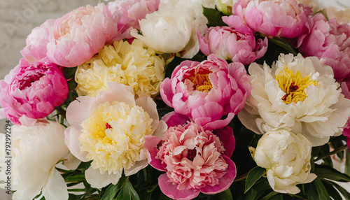 Beautyfull background with pink colorful peonies.Elegant bouquet of a lot of peonies of pink color close up.