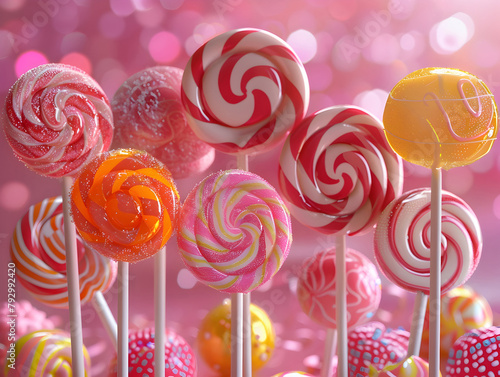 Colorful Swirled Lollipops on Pink Background