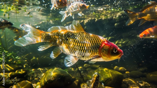 Fish swimming in the shallow waters of a river, their colorful scales shimmering in the sunlight
