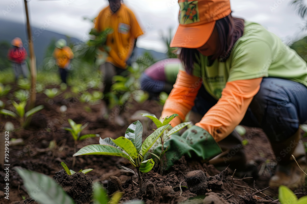 Fototapeta premium Environmental activists engage in tree planting within areas affected by deforestation, highlighting the critical role of reforestation in addressing climate change