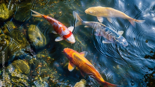 Fish swimming in the shallow waters of a river, their colorful scales shimmering in the sunlight © Plaifah