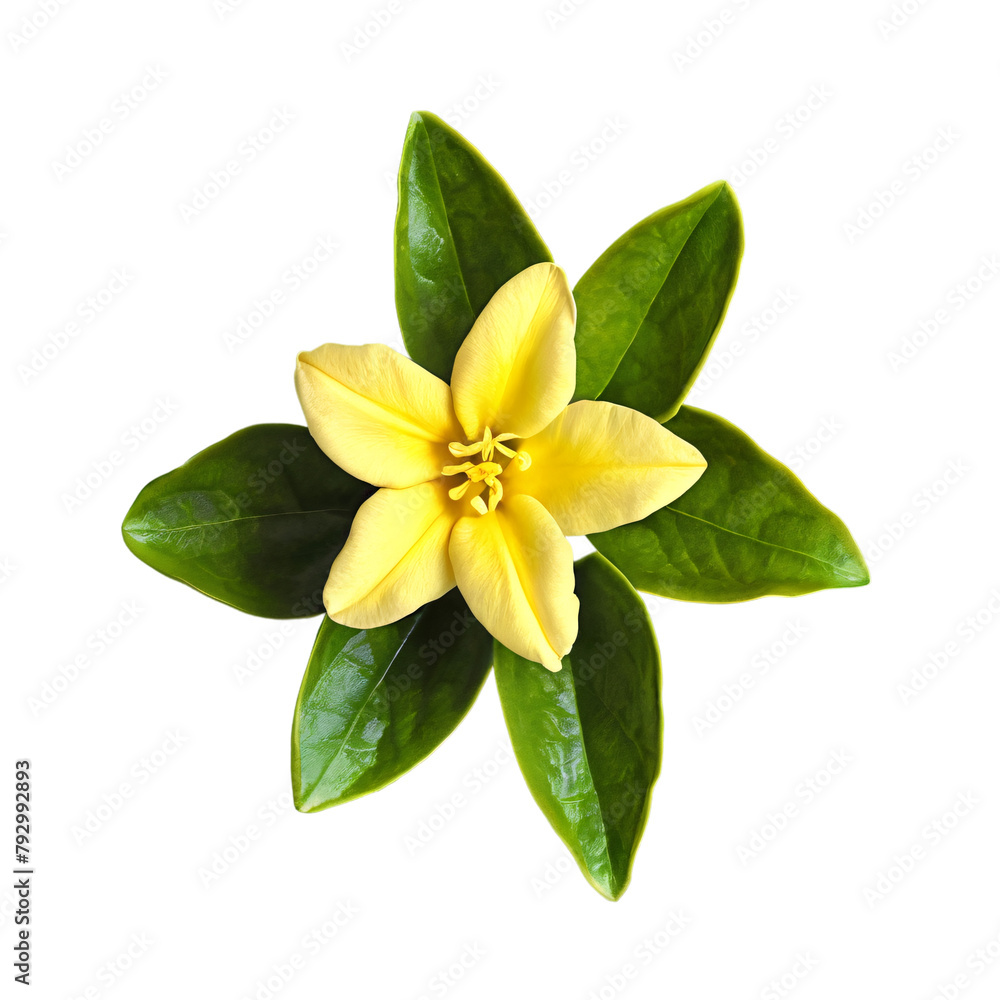 Fototapeta premium Close up macro photo of yellow jasmine flower with leaves transparent isolated