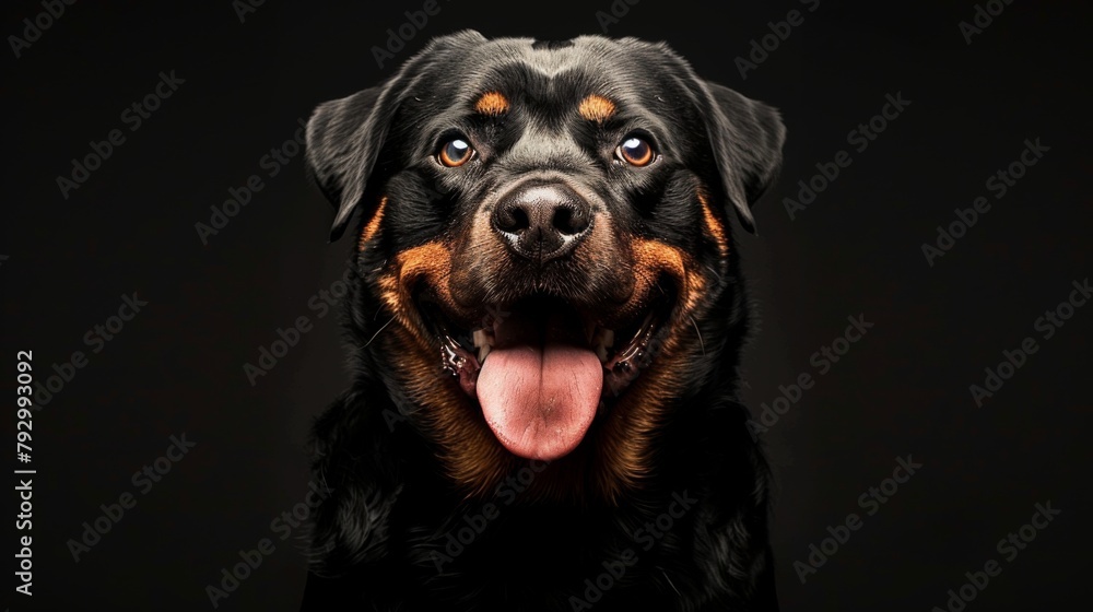 Grinning rottweiler posing majestically with its tongue out, radiating confidence Grinning rottweiler posing majestically with its tongue out, radiating confidence
