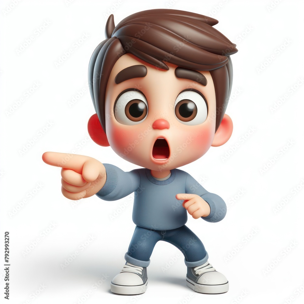 Surprised shocked scared 3D cartoon kid character showing pointing finger on white background