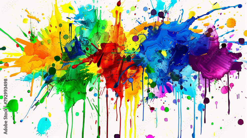 Fototapeta premium A colorful painting with splatters of paint that looks like a rainbow. The painting is full of bright colors and has a sense of energy and movement