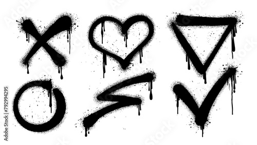 Black graffiti spray paint pattern. Spray set elements cross, cancellation, heart, checkmark, circle, lightning, triangle drips texture. Isolated background banner art decoration vector illustration