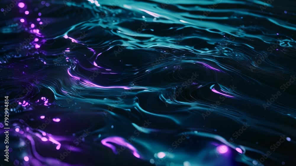 Video animation of abstract view of water with a dark blue hue, ripples, and waves on the surface. It has a luminous quality with glowing purple and pink lights reflecting off its surface Video animation of abstract view of water with a dark blue hue, ripples, and waves on the surface. It has a luminous quality with glowing purple and pink lights reflecting off its surface