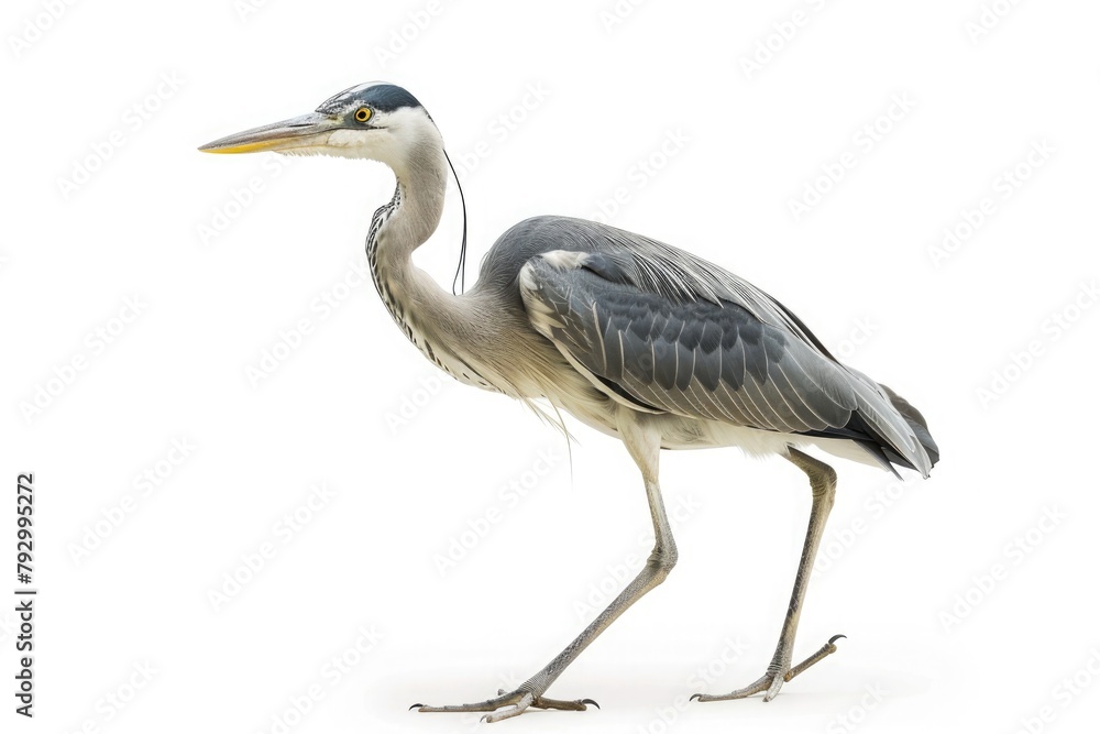 Silent grace of a solitary heron, its long legs wading through the shallow waters of a peaceful marsh, isolated on pure white background. Silent grace of a solitary heron, its long legs wading through the shallow waters of a peaceful marsh, isolated on pure white background.