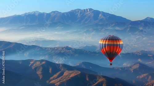 Hot Air Balloon Floating Serenely Over a Mountain Range Peaceful Exploration Theme