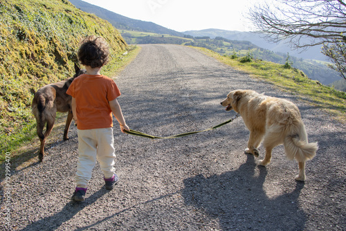 little boy walking through the mountains with his dogs © Patricia Sierra