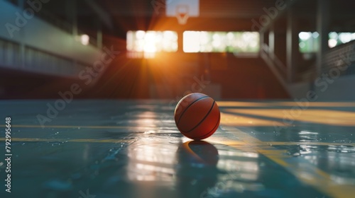 Serene Gymnasium Morning with Sunlit Basketball on Court