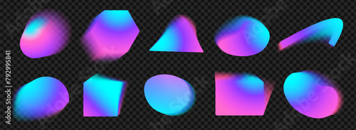 Set of blured gradient shapes in golographic neon colors on black transparent background. Fluid of light. Blue and purle vector brush liquid.