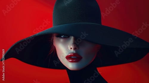 Mysterious Woman in Wide-Brimmed Hat on Red Background