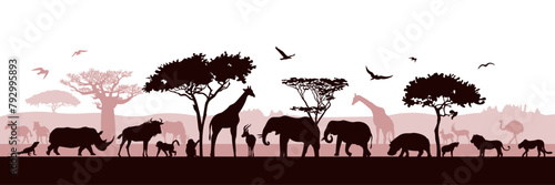 African panorama with silhouettes of wild animals. Vector illustration. 
