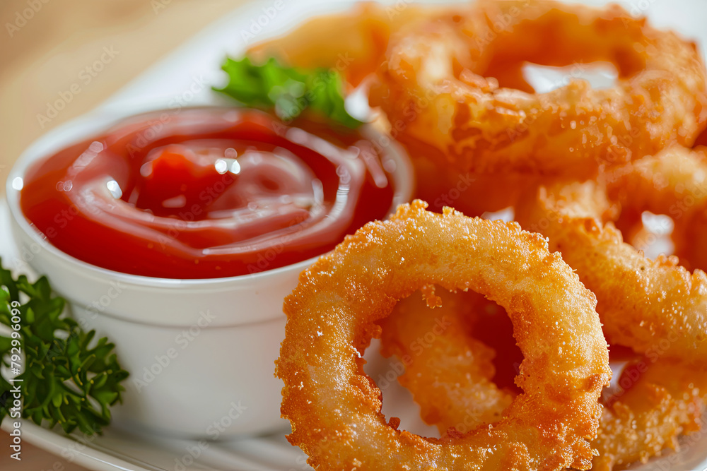 Crispy onion rings served alongside ketchup