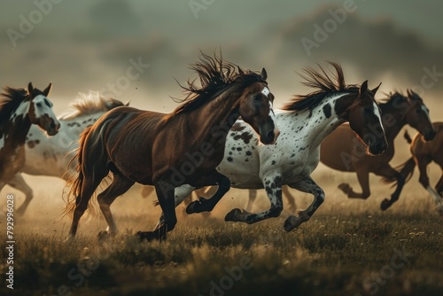 An exhilarating snapshot of an American Paint Horse racing alongside its herd mates, showcasing its speed and spirited nature on an open field, moody lighting