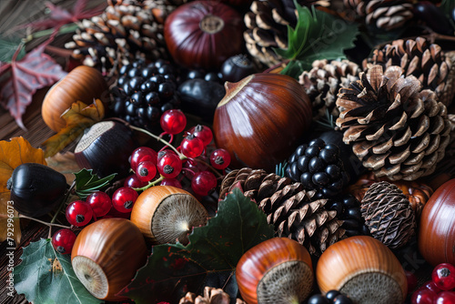 An arrangement of autumnal fruits including chestnuts  blackberries  acorns  and pine cones