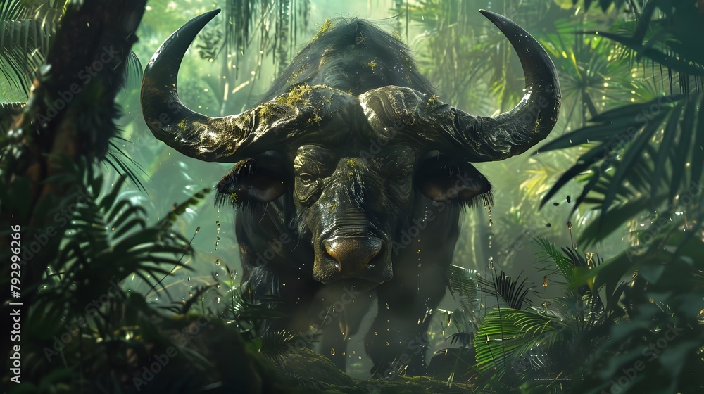 Imagine nature wildlife, close-up of a giant buffalo standing face to face in a tropical rainforest.