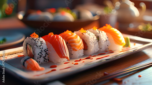 plate of sushi composed with bright, contrasting colors