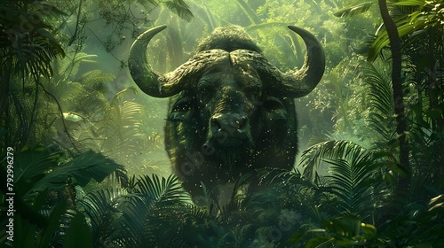 Imagine nature wildlife, close-up of a giant buffalo standing face to face in a tropical rainforest.