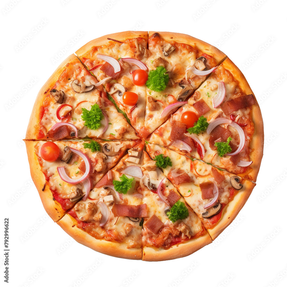 Delicious pizza with vegetables and meat isolated on transparent background Delicious pizza with vegetables and meat isolated on transparent background