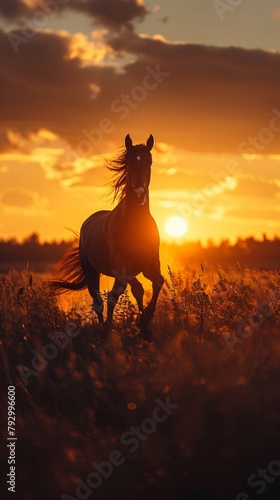Lone Horse Racing Against a Sunset Silhouette of Freedom and Wild Spirit in a Breathtaking Scene