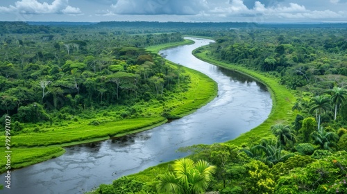 Peaceful panorama of a winding river, its banks lined with lush vegetation and teeming with life