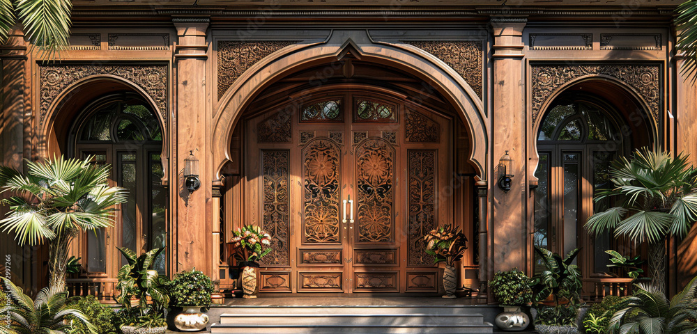 A grand wooden door with intricate carvings, welcoming guests to a traditional home, bathed in warm sunlight