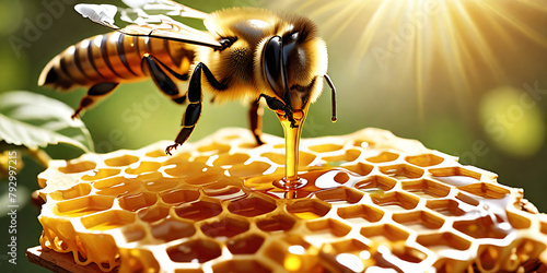 honey pouring from the one stick onto the honeycomb, the concept of fresh bee honey is good for health photo
