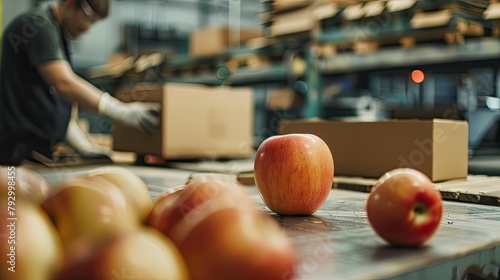 A crisp apple lies on the table as a ruggedly handsome man crafts eco friendly boxes at the factory photo