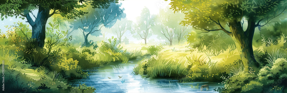 A painting depicting a river winding its way through a dense forest, with vibrant green trees and foliage lining its banks A painting depicting a river winding its way through a dense forest, with vibrant green trees and foliage lining its banks