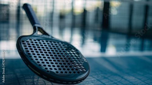 Close-up of a black padel racket on the court surface