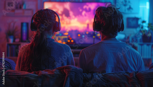 Two people are sitting on a couch watching a video game by AI generated image
