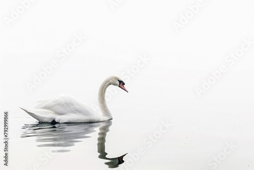 Serene beauty of a solitary swan, gliding gracefully across the still waters of a tranquil lake, isolated on pure white background.