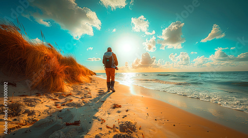 A photographer is looking for subjects on the beach