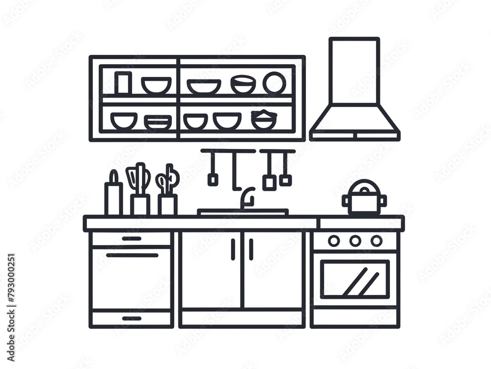 Illustration of a modern kitchen cabinet with a black and white outline style. Minimalistic and complete with kitchen utensils and crockery. Illustration of a modern kitchen cabinet with a black and white outline style. Minimalistic and complete with kitchen utensils and crockery.