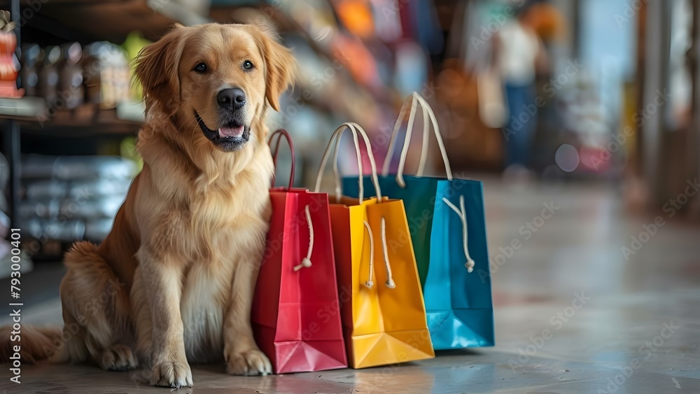 A joyful dog posing with colorful shopping bags after a successful shopping trip. Concept Pets, Shopping, Colorful Props, Joyful Moments, Animal Photography - obrazy, fototapety, plakaty 