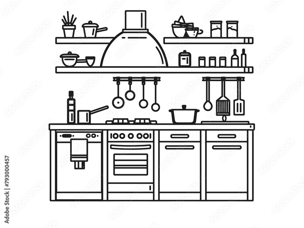 Illustration of a modern kitchen cabinet with a black and white outline style. Minimalistic and complete with kitchen utensils and crockery. Illustration of a modern kitchen cabinet with a black and white outline style. Minimalistic and complete with kitchen utensils and crockery.