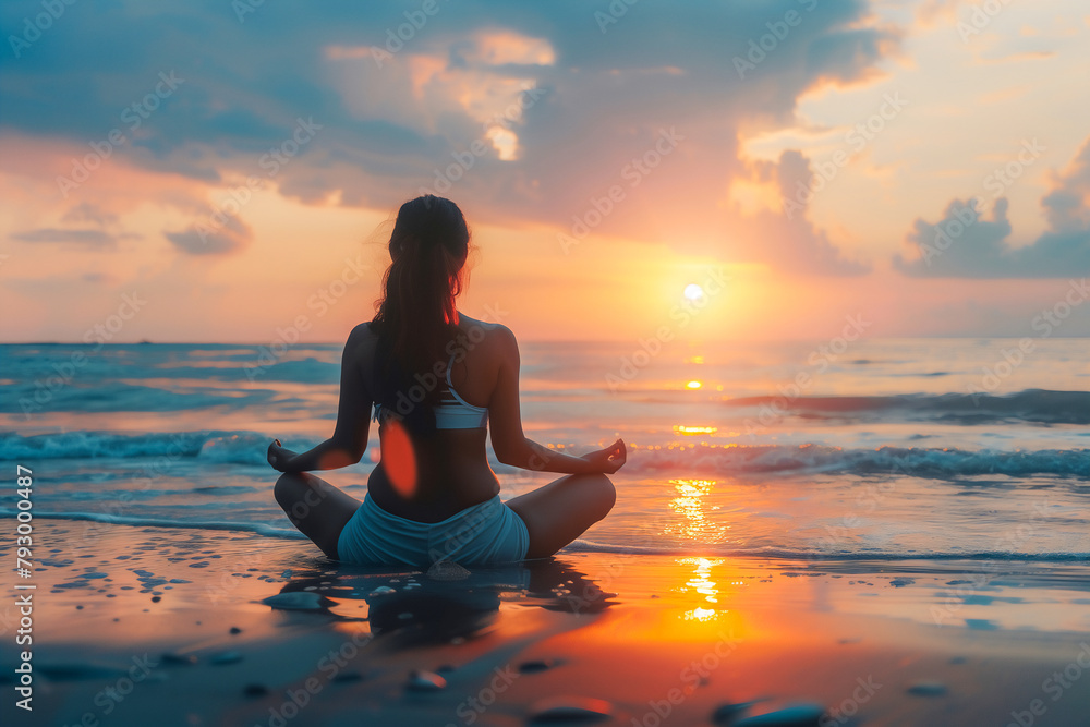 Woman doing yoga meditation on beach with beautiful sky .