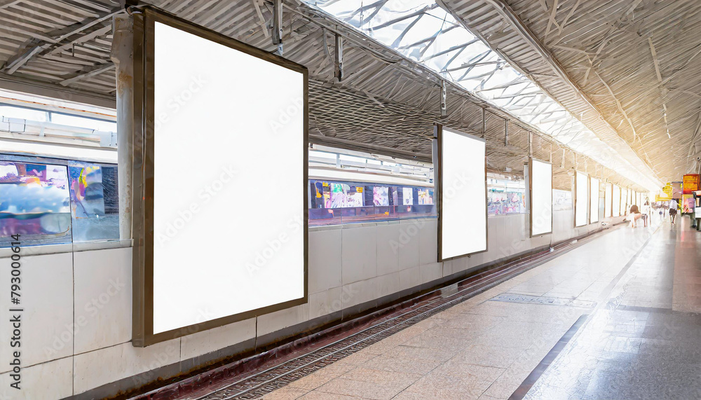 Mockup image of Blank billboard white screen posters and led in the subway station for advertising. Mockup image of Blank billboard white screen posters and led in the subway station for advertising.