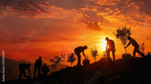 Sunset silhouette of workers planting trees, symbolizing a brighter future for the planet