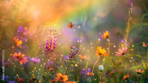 Radiant Meadows
A wildflower meadow bathed in the golden glow of sunset with a vibrant rainbow arching overhead, while a lone butterfly dances amidst the twinkling light and colorful blooms. photo