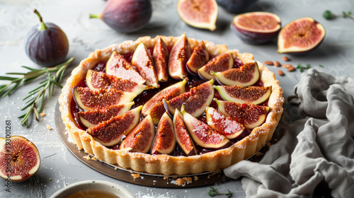 Savor the delightful harmony of flavors with our Fig and Honey Tart, elegantly presented against a refined grey background. This exquisite dessert features a crisp and buttery tart crust