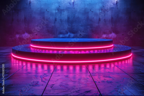 A circular podium with neon lights, surrounded by a glowing red circle and blue light strips on the ground. Created with Ai