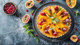 Indulge in the tropical allure of our Mango Passion Fruit Tart, presented against a refined grey background. This delectable dessert features a buttery tart crust generously filled with a luscious 